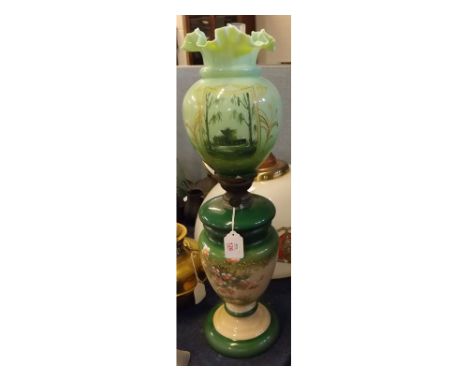 Victorian French painted oil lamp with green and cream two-tone font with floral decoration with green crimped edged painted 
