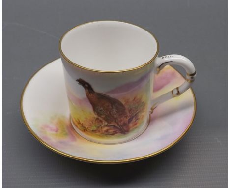 Royal Worcester can-shaped cup and saucer, decorated in colours with scenes of game birds after James Stinton