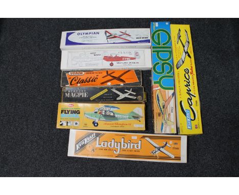 A box containing six vintage modelling kits, aircraft including Keilcraft, Vernon etc