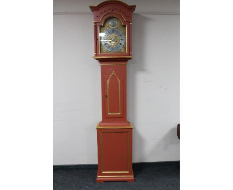 An antique painted longcase clock with brass and silvered dial 