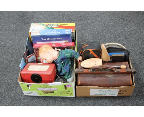 Two boxes of vintage Roberts radio, mid 20th century doll, jigsaws, leather doctor's bag, shoe stretchers etc 