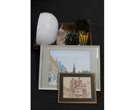 A box of Bohemian glass vases, Art Deco style pendant light fitting, cutlery, Art Deco style figure, framed Jeff Smith waterc