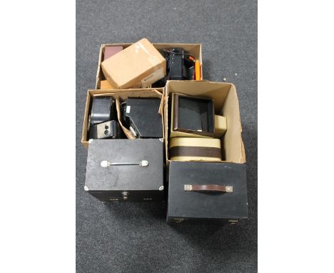 Five boxes containing vintage projectors and equipment together with two further wooden cased projectors 