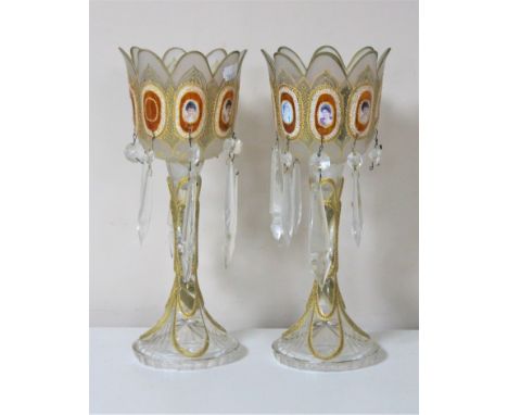 A pair of Victorian glass lustres with hand-painted portrait panels 