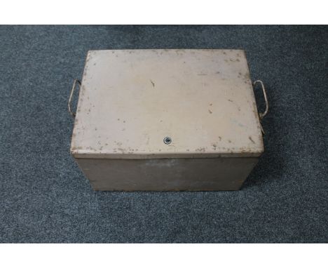 A vintage metal twin handled lock box with key 
