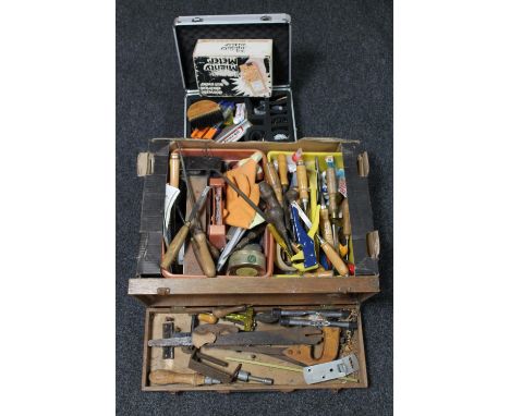A wooden case and aluminium case of wood working tools, chisels, etc 