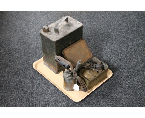 A tray of vintage BP motor oil can, Veritas paraffin burner in tin and a blow lamp 