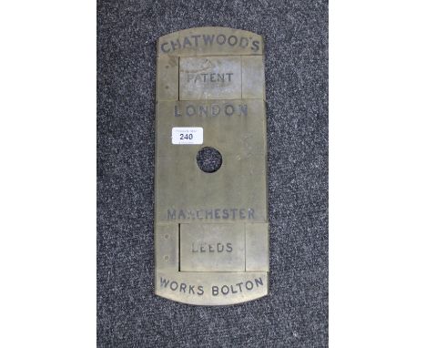 A Chatwood's heavy brass safe-maker's lock surround, 35 cm x 14 cm. 