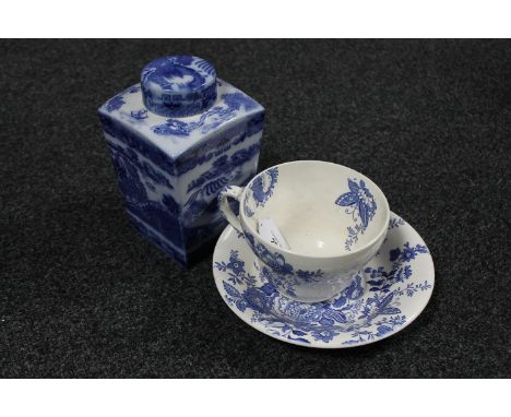 A rare Maling blue and white over-sized teacup and saucer set, with bird, butterfly and floral decoration, together with a Ri