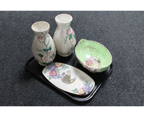 A tray containing a Maling trinket tray with candlestick, pair of Maling pink rose vases and a Rosine bowl 