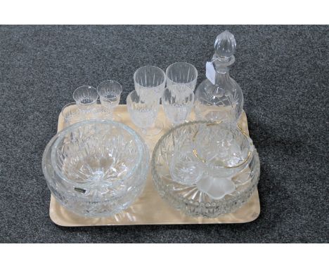 A tray of crystal fruit bowls, decanter with stopper, drinking glasses etc 