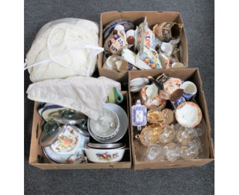 Three boxes of antique and later china, glass ware, bedding, enamel kitchenalia etc, box of pictures and prints