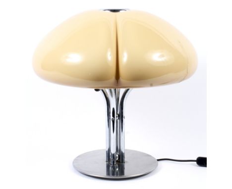 An Italian retro chrome table lamp, circa 1970, with lobed pale brown shade, with three lights on a four stemmed chrome stem 