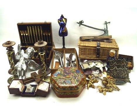 A large assortment of collectables, to include a pair of stone candlesticks, Russian doll, set of checkers pieces and more