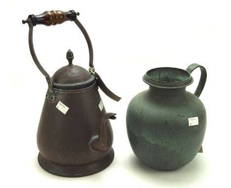 Two copper water vessels, one being a 19th century teapot with swing handle to top, height to finial 26cm, the other a round 