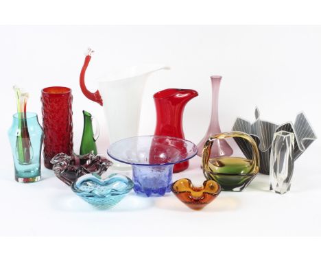 A large collection of coloured glassware, circa 1960 and later, including a ruby red bark vase in the Whitefriars style, 22.5