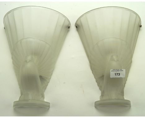 A pair of 20th century Christopher Wray glass wall lights, each depicting a peacock, 26cm high Condition Report: One very sma