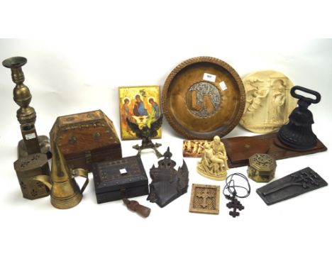 A collection of 19th and 20th century ecclesiastical and other metalware, treen and resin items, including a sliding bookshel