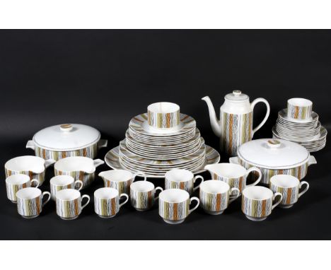 A Midwinter mid-century Queensbury pattern part dinner and coffee-service, printed black marks, printed with bands of orange 