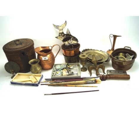 An assortment of metalware and collectables, including copper jelly moulds, a brass candlestick, paintbrushes, a beaten coppe