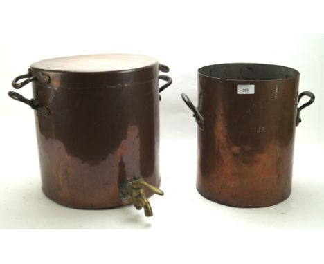 A large late 19th/early 20th century copper liquid vessel, with tap to one side, together with another copper vessel marked '