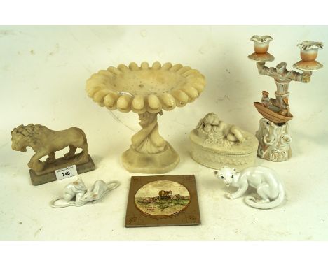 Assorted wares including an Alabaster Tazza, Alabaster figure of a Lion, two glazed ceramic figures in the Russian style, a p