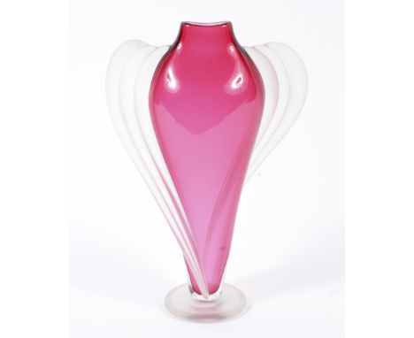 An Art Glass vase by Thomas Buechner, etched marks, dated 1990, the ruby tinted compressed oviform vase applied with frosted 