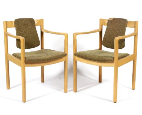 A pair of Ercol beech 775A model chairs with Ercol gold label attached. 77cm.