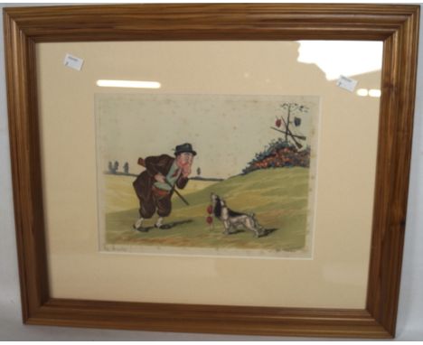 A French colour print of a hunter holding a gun and his dog holding ladies underwear, signed lower right, 22cm x 30cm, framed
