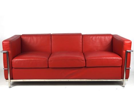 A contemporary LC2 grand comfort 3-seater sofa after Le Corbusier, the sofa constructed from a chromed tubular form with cush