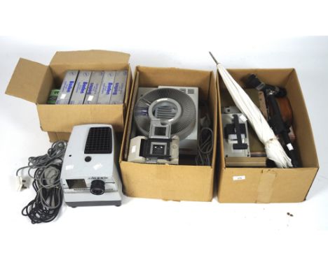 A vintage 35mm slide projector and a selection of photographic equipment and accessories, including a Gnome Supreme 300, Barf