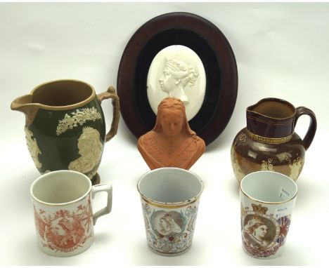 An assortment of commemorative ceramics and metalware, including 1837-1897 Queen Victoria enamel beaker, Doulton Lambeth 1837