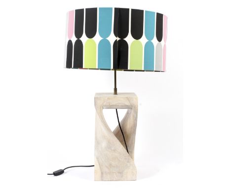 A large pierced limed wooden table lamp, of square section and wrythen form, with colourful drum shaped shade, 41 cm high exc