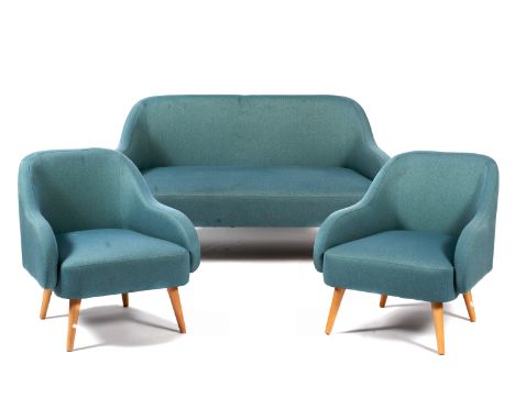 A 20th Century Habitat blue upholstered two seater sofa on splayed turned circular tapering legs together with two matching a