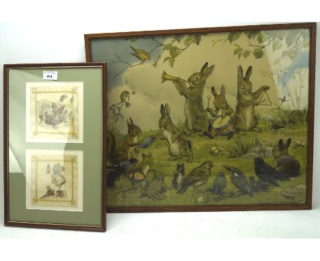 Two children's' handkerchiefs and a print, both the handkerchiefs hand painted and embroidered with scenes of a little girl a