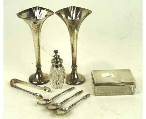 A selection of silver wares, to include a pair of spill vases, Victorian silver mounted glass dish, silver topped snuff bottl
