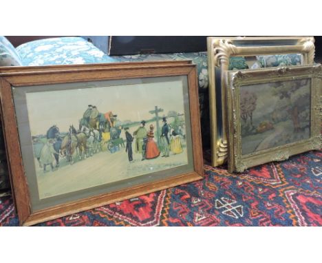 An early 19th Century giltwood and gesso picture frame now housing a tapestry panel, 54 x 38 cms, together with a pair of coa