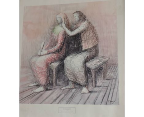 After Henry Moore, Two Women Seated, lithograph with galleried vine stamp, 70cm x 67cm.
