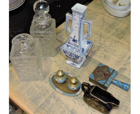 A quantity of sundry late 19th and 20th century ceramics including a pair of cut glass decanters, an Imari style cheese dome,