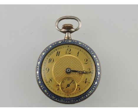 An early 20th century silver and enamel fob watch, the engine turned rear case incorporating delicate flowers and foliage, th
