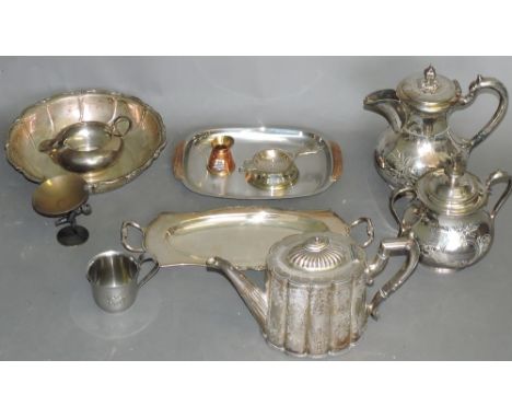 A quantity of plated ware, including a part tea service and a nursery cup.