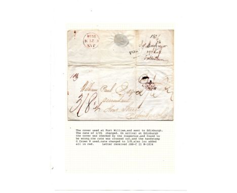 Scotland 1834 uprated cvr Fort William to Edinburgh uprated by inspector from 2/0½d to 3/8d with G Crown R handstamp