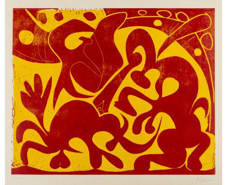 δ Pablo Picasso (1881-1973)La Pique (Bloch 908; Baer 1227A)Linocut printed in red and yellow, 1959, signed and inscribed 'Ess