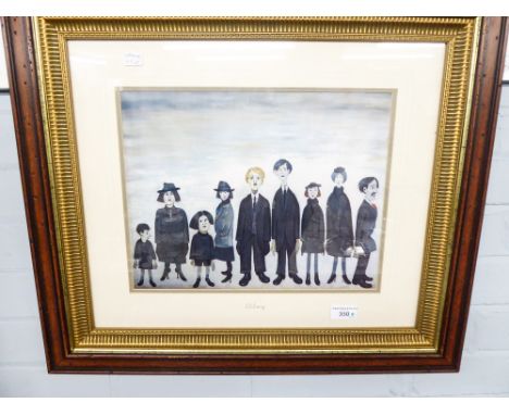 AFTER L.S. LOWRY - COLOUR PRINT  OF AN ORIGINAL OIL PAINTING  PEOPLE STANDING IN A ROW FRAMED AND GLAZED AND TWO LARGE PADS O