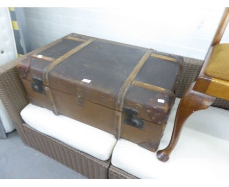 LARGE VINTAGE FABRIC WOOD AND LEATHER BOUND TRAVEL TRUNK, with inner lift out tray and brass locks, 33 1/2" x 12" x 21" 