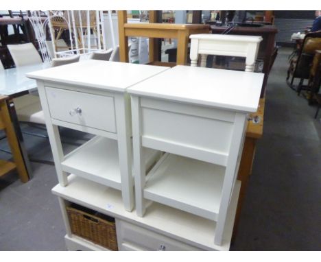 A PAIR OF WHITE FINISH TWO TIER SQUARE LAMP TABLES, EACH WITH  A DRAWER AND ANOTHER SMALL WHITE FINISH TABLE 