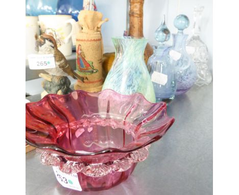 A BUD VASE; A CRANBERRY GLASS DISH; A CUT GLASS HAND BELL; A CAITHNESS HAND BLOWN SMALL BOTTLE WITH STOPPER AND TWO FURTHER E