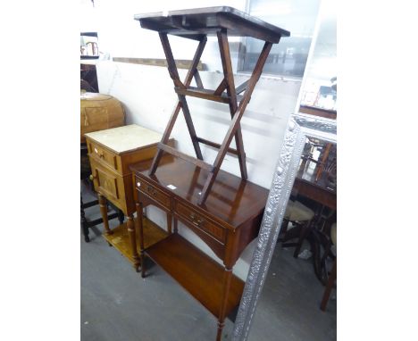 A REPRODUCTION MAHOGANY SIDE TABLE WITH TWO FRIEZE DRAWERS AND A BASAL SHELF, ALSO A SMALL CHIP CARVED BEECHWOOD FOLDING TABL