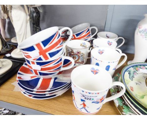 A QUANTITY OF UNION JACK DECORATED CHINA CUPS AND SAUCERS AND OTHER COMMEMORATIVE WARES 