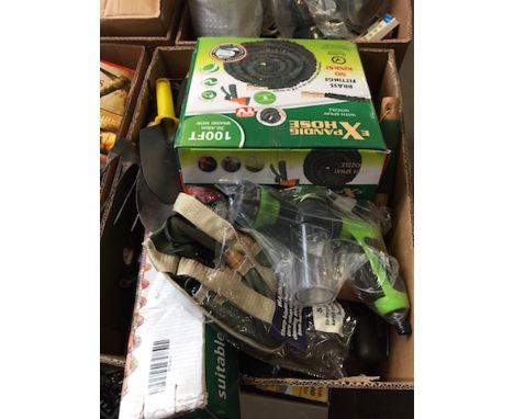BOX OF GARDEN TOOLS ETC.